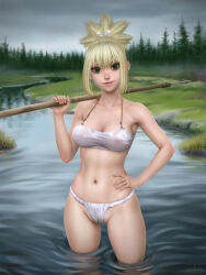 Rule 34 | 1girl, bikini, blonde hair, breasts, cleavage, commentary, dr. stone, forest, fundoshi, gohpot, grass, green eyes, hand on own hip, highres, holding, holding polearm, holding weapon, japanese clothes, kohaku (dr. stone), medium breasts, nature, navel, polearm, ponytail, river, smile, solo, spear, swimsuit, tree, wading, weapon, white bikini