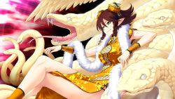 Rule 34 | 1girl, animal, benimura karu, braid, breasts, brown hair, bunny black, bunny black 3, china dress, chinese clothes, double bun, dress, game cg, green eyes, large breasts, legs, crossed legs, mole, mole under mouth, open mouth, short hair, sitting, smile, snake, solo, suisen (bunny black), thighs, tongue