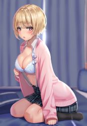 Rule 34 | 1girl, bag, black socks, black skirt, blanket, blonde hair, blurry, blurry background, blush, bra, breasts, cardigan, cleavage, curtains, depth of field, highres, indoors, kneehighs, large breasts, long sleeves, looking at viewer, miniskirt, navel, no shoes, on bed, open cardigan, open clothes, open shirt, original, parted lips, pillow, pink cardigan, pink eyes, plaid, plaid skirt, reinama, school bag, school uniform, shirt, shirt tucked in, short hair, sitting, skirt, socks, solo, stomach, underwear, white bra, white shirt