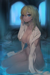Rule 34 | 1girl, absurdres, arm support, blonde hair, blue eyes, blush, breasts, choker, cleavage, collarbone, collared shirt, commission, detached sleeves, hair between eyes, hand on own cheek, hand on own face, highres, jam (nandade), large breasts, long hair, looking at viewer, naked shirt, open clothes, open shirt, original, parted lips, shirt, sitting, solo, thighs, water, white shirt, yokozuwari