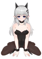 Rule 34 | 1girl, absurdres, bad id, bad pixiv id, bare shoulders, black collar, black leotard, blue eyes, blush, breasts, brown pantyhose, chain, cleavage, closed mouth, collar, collarbone, commentary request, covered navel, cuffs, dokomon, full body, hair ornament, highres, horns, korean commentary, leotard, long hair, looking at viewer, medium breasts, no shoes, original, pantyhose, pointy ears, silver hair, simple background, solo, strapless, strapless leotard, white background