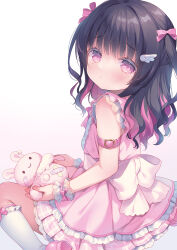 Rule 34 | 1girl, black hair, bow, commentary request, crossed bandaids, damaged, dress, frilled socks, frills, from side, gradient background, hair bow, highres, holding, holding stuffed toy, kneehighs, long hair, looking at viewer, looking to the side, multicolored hair, original, pink background, pink bow, pink dress, pink eyes, pink footwear, pink hair, pleated dress, shoe soles, shoes, sitting, sleeveless, sleeveless dress, socks, solo, stuffed animal, stuffed rabbit, stuffed toy, tears, two-tone hair, two side up, usashiro mani, wariza, white background, white bow, white socks, wing hair ornament, wrist cuffs