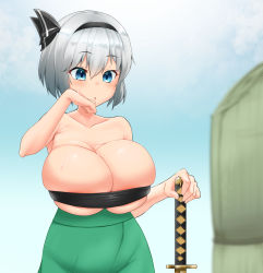 Rule 34 | 1girl, :o, alternate breast size, armpits, bare shoulders, black bow, black hairband, blue eyes, blurry, blurry foreground, bow, breasts, cleavage, collarbone, cowboy shot, green skirt, hair between eyes, hair bow, hairband, hand to own mouth, highres, holding, holding sword, holding weapon, huge breasts, konpaku youmu, short hair, silver hair, skindentation, skirt, solo, strapless, sweat, sword, touhou, tube top, weapon, wiping face, wiping sweat, zabutonnexactly