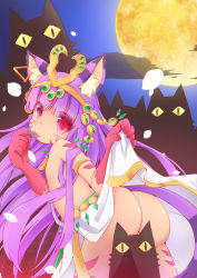 Rule 34 | 1girl, animal ears, animal hands, ass, bastet (p&amp;d), cat, cat ears, circlet, claws, convenient censoring, dress, full moon, gekka no aibyoushin bastet, highres, kt cano, long hair, moon, night, purple hair, puzzle &amp; dragons, red eyes, shadow, solo, tongue, tongue out