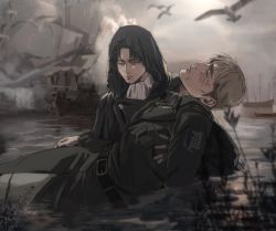 Rule 34 | 2boys, absurdres, bird, black hair, blood, blood on face, blurry, blurry background, blurry foreground, boat, carrying, carrying person, cloak, closed eyes, closed mouth, commentary, commentary request, ctstudio (executional), day, death, depth of field, erwin smith, grey eyes, highres, hood, hood up, hooded cloak, levi (shingeki no kyojin), light brown hair, lips, looking down, male focus, mixed-language commentary, multiple boys, nose, ocean, outdoors, overcast, parted bangs, sad, scar, scar on face, shingeki no kyojin, short hair, sky, sunlight, water, watercraft