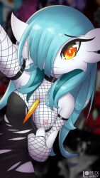 Rule 34 | 1girl, black dress, blue hair, clothes pull, creatures (company), dress, dress pull, fishnet gloves, fishnet sleeves, fishnet top, fishnets, game freak, gardevoir, gen 3 pokemon, gloves, highres, nintendo, nipples, pokemon, pulling own clothes, rilex lenov, torn clothes, torn dress, yellow eyes