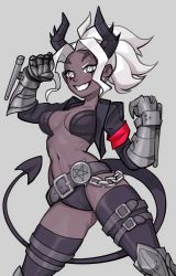 Rule 34 | 1girl, armband, belt, black jacket, black panties, black thighhighs, blush, boots, breasts, cameltoe, chain, cropped jacket, dark-skinned female, dark skin, demon tail, gauntlets, grey background, grin, helltaker, highres, horns, jacket, judgement (helltaker), knee boots, long sleeves, looking at viewer, medium breasts, armored boots, navel, open clothes, open jacket, panties, pentacle, ponytail, ringed eyes, roxxxan, simple background, smile, solo, spiked horns, tail, thigh belt, thigh strap, thighhighs, tonfa, underwear, weapon, white eyes, white hair