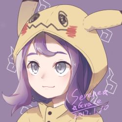 Rule 34 | 1girl, :3, acerola (pokemon), akane akane, blush, close-up, closed mouth, cosplay, creatures (company), elite four, flipped hair, game freak, gen 7 pokemon, highres, hood, hoodie, looking to the side, mimikyu, mimikyu (cosplay), nintendo, pokemon, pokemon sm, purple background, purple eyes, purple hair, short hair, signature, simple background, solo, trial captain, wavy mouth