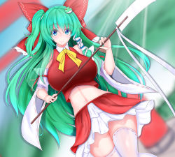 Rule 34 | 1girl, ascot, bow, breasts, cosplay, costume switch, detached sleeves, frilled bow, frills, frog hair ornament, gohei, green eyes, green hair, hair bow, hair ornament, hair tubes, hakurei reimu, hakurei reimu (cosplay), hakurei shrine, highres, japanese clothes, kochiya sanae, kou (inaba), large breasts, long hair, miko, miniskirt, navel, nontraditional miko, red bow, ribbon-trimmed sleeves, ribbon trim, shirt, sidelocks, skirt, skirt set, sleeveless, sleeveless shirt, smile, snake hair ornament, thick thighs, thighhighs, thighs, touhou, white thighhighs, wide sleeves, yellow ascot
