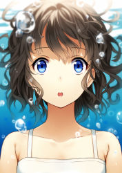 Rule 34 | 1girl, :o, bad id, bad pixiv id, black hair, blue eyes, brown hair, bubble, camisole, collarbone, highres, looking at viewer, mogumo, open mouth, original, short hair, sleeveless, solo, underwater, upper body