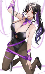 Rule 34 | 1girl, absurdres, animal ears, armpits, bare shoulders, black hair, black leotard, bow, bowtie, breasts, brown hair, brown pantyhose, cleavage, colored inner hair, covered navel, detached collar, fake animal ears, hair ornament, hair over one eye, highleg, highleg leotard, highres, holding, holding pole, large breasts, leotard, long hair, multicolored hair, nekotokage, nijisanji, open mouth, orange eyes, pantyhose, playboy bunny, pole, pole dancing, rabbit ears, rabbit hole (vocaloid), shirayuki tomoe, solo, strapless, strapless leotard, stripper pole, tongue, tongue out, virtual youtuber, wrist cuffs