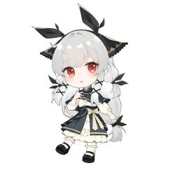 Rule 34 | 1girl, arknights, black capelet, black footwear, black skirt, capelet, center frills, chibi, commentary request, frilled socks, frills, full body, grey hair, hand up, highres, long hair, long sleeves, looking at viewer, parted lips, puffy long sleeves, puffy sleeves, red eyes, shirt, shoes, simple background, skirt, socks, solo, striped clothes, striped skirt, thick eyebrows, vertical-striped clothes, vertical-striped skirt, very long hair, weedy (arknights), white background, white shirt, white skirt, white socks, wl217 (nicexa111)