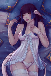 Rule 34 | 1girl, au ra, warrior of light (ff14), babydoll, bare shoulders, black hair, blunt bangs, blush, bracelet, breasts, closed mouth, commission, dragon horns, dragon tail, final fantasy, final fantasy xiv, garter straps, horns, jewelry, lips, long hair, looking at viewer, lying, medium breasts, nail polish, navel, nipples, pale skin, panties, red eyes, scales, see-through, solo, soranamae, tail, thighhighs, underwear, white babydoll, white panties, white thighhighs