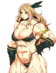 Rule 34 | 1girl, abs, absurdres, amazon (dragon&#039;s crown), armlet, bikini, blonde hair, dragon&#039;s crown, feather hair ornament, feathers, gloves, grey eyes, hair ornament, hand on own hip, headband, highres, leg tattoo, looking to the side, minew, muscular, muscular female, smile, solo, swimsuit, tattoo, thick thighs, thighs, thong, white background