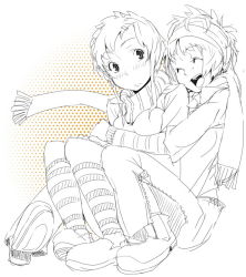 Rule 34 | 2girls, monochrome, multiple girls, orange background, original, polka dot, polka dot background, scarf, sketch, yamamoto enji