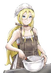 Rule 34 | 1girl, apron, bandana, blonde hair, blue eyes, bowl, brown apron, choker, commentary request, counter, cowboy shot, dress, hair between eyes, highres, kantai collection, ld (luna dial398), long hair, looking at viewer, low ponytail, mole, mole under eye, mole under mouth, one-hour drawing challenge, richelieu (kancolle), simple background, solo, strapless, strapless dress, two-tone dress, whisk, white background