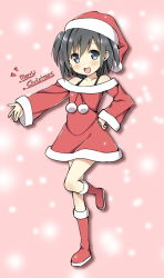 Rule 34 | 1girl, black hair, blue eyes, blush, hand on own hip, hat, highres, looking at viewer, merry christmas, open mouth, original, santa hat, short hair, sky-freedom, sky (sky-freedom), smile, solo