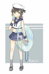 Rule 34 | 1girl, anchor symbol, beret, black hair, blush, character name, commentary request, fubuki (kancolle), full body, green eyes, hat, highres, ice cream cone, innertube, kantai collection, looking at viewer, onigiri (ginseitou), pleated skirt, sailor collar, sandals, short hair, short ponytail, simple background, skirt, solo, stomach, swim ring, two-tone background, white background, wrist cuffs