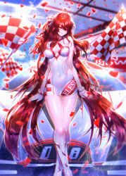 Rule 34 | 1girl, absurdly long hair, absurdres, ahoge, been, blurry, blurry background, boots, bracelet, breasts, character name, checkered flag, cleavage, closed mouth, covered navel, criss-cross halter, day, dress, elesis (elsword), elsword, flag, floating hair, groin, hair between eyes, halterneck, head tilt, highres, jewelry, knee boots, lens flare, long hair, looking at viewer, medium breasts, nail polish, outdoors, print dress, race queen, red eyes, red hair, red nails, revealing clothes, shiny skin, short dress, sleeveless, sleeveless dress, smile, smug, solo, standing, very long hair, white dress, white footwear