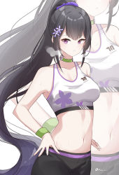 Rule 34 | 1girl, absurdres, bare arms, bare shoulders, black hair, blue archive, breasts, choker, cleavage, collarbone, crop top, green choker, highres, large breasts, long hair, looking at viewer, midriff, navel, parted lips, pinepin, ponytail, purple eyes, simple background, solo, sports bra, stomach, sumire (blue archive), upper body, very long hair, white background, wristband, zoom layer