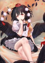 Rule 34 | 1girl, :/, black bow, black bowtie, black feathers, black hair, black wings, blush, bow, bowtie, breasts, crossed legs, feathered wings, feathers, feet out of frame, fingernails, hand up, hat, holding, holding notebook, holding pen, medium breasts, medium hair, neko bocchi, notebook, pen, pom pom (clothes), puffy short sleeves, puffy sleeves, red eyes, shameimaru aya, shirt, short sleeves, simple background, sitting, solo, tokin hat, touhou, white shirt, wing collar, wings