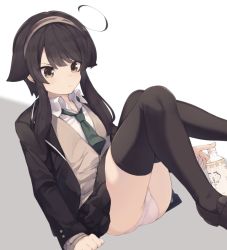 Rule 34 | 1girl, ahoge, arm support, black hair, black jacket, black skirt, black thighhighs, blazer, bottle, brown eyes, brown footwear, brown hairband, brown sweater, closed mouth, collared shirt, dutch angle, feet out of frame, green necktie, grey background, hair flaps, hairband, jacket, loafers, long hair, long sleeves, looking away, natsuki teru, necktie, open clothes, open jacket, original, panties, pleated skirt, school uniform, shikibe ayaka, shirt, shoes, sidelocks, sitting, skirt, sleeves past wrists, solo, sweater, thighhighs, two-tone background, underwear, v-neck, v-shaped eyebrows, white background, white panties, white shirt