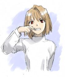 Rule 34 | 00s, 1girl, arcueid brunestud, blonde hair, fang, grin, jpeg artifacts, lowres, red eyes, sketch, smile, solo, sweater, tsukihime
