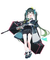 Rule 34 | 1girl, :d, absurdres, black footwear, black hair, black jacket, black skirt, blue archive, blush, collared shirt, fang, fangs, full body, green eyes, grey background, gun, hat, highres, holding, horns, jacket, long hair, long sleeves, looking at viewer, multicolored hair, necktie, open clothes, open jacket, open mouth, original, ribbon, rifle, scope, shirt, shoes, skirt, smile, sniper rifle, socks, solo, standing, sweatdrop, tonki, twintails, very long hair, weapon, white background, white shirt, white socks
