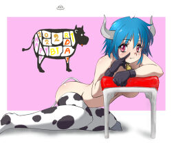 Rule 34 | 1girl, animal print, bevel hamana, black gloves, blue hair, blush, breasts, chair, closed mouth, cow girl, cow horns, cow print, cow tail, cowbell, fang, gloves, horns, jashin-chan dropkick, large breasts, looking at viewer, minos (jashin-chan dropkick), pink background, red eyes, short hair, simple background, solo, tail, thighhighs, white background