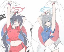 Rule 34 | 2022 fifa world cup, 2girls, absurdres, animal ear fluff, animal ears, armlet, armpits, arms up, black hair, blue archive, blue eyes, blue shirt, blush, breasts, cat ears, cowboy shot, cross hair ornament, flag, grey hair, grin, groin, hair ornament, hair ribbon, highres, holding, holding flag, japanese flag, light smile, long hair, looking at viewer, masabodo, medium breasts, medium hair, midriff, mismatched pupils, multiple girls, navel, parted lips, red shirt, red skirt, ribbon, scrunchie, serika (blue archive), shiroko (blue archive), shirt, short shorts, shorts, sidelocks, simple background, skirt, smile, south korean flag, standing, sticker on face, tied shirt, twintails, very long hair, white background, white shorts, wolf ears, world cup, wrist scrunchie