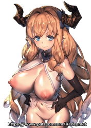Rule 34 | &gt;:&lt;, 1girl, :&lt;, artist name, black gloves, blue eyes, blush, breasts, breasts out, brown hair, closed mouth, draph, elbow gloves, gloves, granblue fantasy, hair intakes, hands on own hips, horns, large areolae, large breasts, long hair, looking at viewer, navel, nipples, no panties, pointy ears, razia, redcomet, shirt, sleeveless, sleeveless shirt, solo, uncensored, v-shaped eyebrows, very long hair, watermark, web address, white background, white shirt