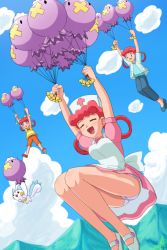 Rule 34 | 3girls, cloud, creatures (company), denim, drifloon, closed eyes, flying, game freak, gen 4 pokemon, happy, hat, jeans, joy (pokemon), mother and daughter, multiple girls, nintendo, nurse, nurse cap, open mouth, outdoors, pachirisu, panties, pants, pantyshot, pink hair, pokemoa, pokemon, pokemon (anime), pokemon (creature), sky, smile, underwear
