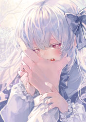 Rule 34 | 1boy, 1girl, blush, bow, bowtie, branch, bright pupils, colored eyelashes, dress, fang, frilled sleeves, frills, hair bow, hand on another&#039;s face, highres, holding another&#039;s wrist, komota (kanyou shoujo), long hair, long sleeves, looking at viewer, making-of available, open mouth, original, pov, pov hands, red eyes, size difference, solo focus, teeth, vampire, white dress, white hair, white pupils