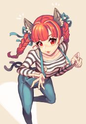 Rule 34 | 1girl, alternate costume, animal ears, bad id, bad pixiv id, braid, cat ears, cat tail, cheong ha, collarbone, from above, hair ribbon, kaenbyou rin, looking at viewer, multiple tails, pants, red eyes, red hair, ribbon, shirt, simple background, solo, striped clothes, striped shirt, suspenders, tail, tight clothes, tight pants, tongue, tongue out, touhou, twin braids