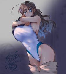 Rule 34 | 1girl, ahoge, blue eyes, breasts, brown hair, clothes lift, competition swimsuit, covered navel, cowboy shot, highres, large breasts, long hair, looking at viewer, one-piece swimsuit, original, shino yoshihisa, shirt lift, sideboob, solo, swimsuit, undressing, white one-piece swimsuit