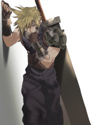 Rule 34 | 1boy, aqua eyes, armor, asymmetrical hair, baggy pants, belt, blonde hair, blue pants, blue shirt, buster sword, cloud strife, covering own mouth, earrings, final fantasy, final fantasy vii, fingerless gloves, gloves, hair between eyes, hand to own mouth, highres, jewelry, leaning, mikuroron, muscular, muscular male, pants, shirt, shoulder armor, sick, single earring, sleeveless, sleeveless turtleneck, solo, spiked hair, square enix, suspenders, sweat, turtleneck, upper body, weapon, weapon on back, white background