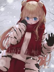 Rule 34 | 1girl, animal ears, animal print, bare tree, beret, black gloves, blue eyes, brown hair, claw pose, cloud, cloudy sky, coat, enpera, fang, fur coat, fur trim, glass, gloves, hat, highres, long hair, looking at viewer, open mouth, original, outdoors, rb2, red hat, red scarf, red skirt, scarf, skin fang, skirt, sky, snowing, solo, tiger ears, tiger girl, tiger print, tree, very long hair, winter