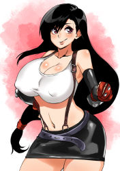 Rule 34 | 1990s (style), 1girl, bad id, bad pixiv id, bare shoulders, breasts, brown eyes, cleavage, covered erect nipples, female focus, final fantasy, final fantasy vii, fingerless gloves, gloves, gradient background, large breasts, long hair, retro artstyle, rozario (akai rosario), skirt, smile, solo, suspender skirt, suspenders, thighs, tifa lockhart, very long hair