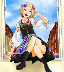Rule 34 | 1boy, axis powers hetalia, bird, blonde hair, boots, crossdressing, crossed legs, day, dress, flower, flower wreath, full body, girly boy, jewelry, male focus, mugonseisou, necklace, open mouth, poland (hetalia), polish clothes, short hair, sitting, sky, slavic clothes, smile, solo, trap, window