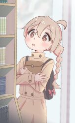 Rule 34 | 1girl, :o, ahoge, backpack, bag, blonde hair, bookshelf, braid, brown eyes, buttons, coat, commentary, double-breasted, hair between eyes, highres, indoors, light blush, long hair, long sleeves, onii-chan wa oshimai!, open mouth, oyama mahiro, paper bag, sfm zhang, solo