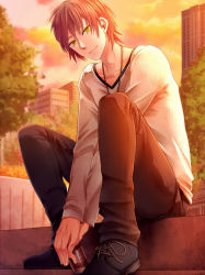 Rule 34 | 1boy, brown hair, building, can, cloud, collarbone, drink can, jewelry, male focus, neck, necklace, original, pants, shoes, sitting, sky, smile, soda can, solo, sumimoto ryuu, sunlight, tree, v-neck, yellow eyes