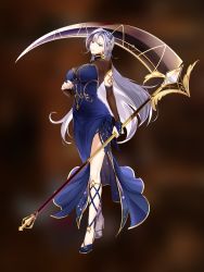 Rule 34 | 1girl, breasts, bridal gauntlets, dress, earrings, epic seven, full body, grey hair, high heels, highres, jewelry, kise (epic seven), large breasts, long hair, scythe, side slit, solo, tagme, weapon