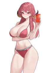 Rule 34 | 1girl, alternate costume, aru (blue archive), bare arms, bare legs, bare shoulders, bikini, blue archive, blush, breasts, cellphone, cleavage, closed mouth, collarbone, cowboy shot, groin, hair between eyes, highres, holding, holding phone, horns, huge breasts, kou (kokounene), lips, long hair, looking at viewer, navel, orange eyes, phone, red bikini, red hair, selfie, simple background, skindentation, smartphone, solo, standing, swimsuit, thighs, white background