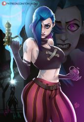 Rule 34 | 1girl, arcane: league of legends, arcane jinx, artist name, asymmetrical bangs, bare shoulders, belt, blue hair, braid, breasts, brown belt, brown pants, clenched teeth, closed mouth, cloud tattoo, commentary, curvy, explosive, gloves, glowing, grenade, highres, holding, holding grenade, holding weapon, jinx (league of legends), large breasts, league of legends, long hair, looking at viewer, multiple views, navel, pants, patreon logo, patreon username, pink eyes, pink pants, standing, stomach, striped clothes, striped pants, tattoo, teeth, tom wlod, twin braids, weapon