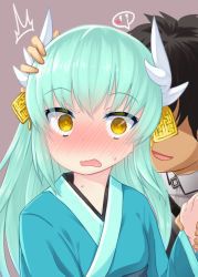 Rule 34 | 1boy, 1girl, ^^^, binsen, blush, fate/grand order, fate (series), fujimaru ritsuka (male), full-face blush, green hair, grey background, hand on another&#039;s head, heart, hetero, holding hands, horns, japanese clothes, kimono, kiyohime (fate), no eyes, open mouth, shaded face, simple background, speech bubble, sweatdrop, upper body, wavy mouth, yellow eyes