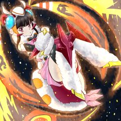 Rule 34 | 1girl, black hair, blunt bangs, closed mouth, commentary request, cosplay, costume, elbow gloves, gloves, godzilla (series), highres, insect wings, long hair, looking at viewer, moth wings, mothra, mothra (cosplay), pink eyes, senki zesshou symphogear, skirt, solo, thighhighs, tsukuyomi shirabe, twintails, wings, yoroshi (yoroshii seikatsu)