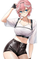 Rule 34 | 1girl, absurdres, arm up, belt, black gloves, black shorts, blue eyes, blush, breasts, c1p122, cleavage, collarbone, cropped shirt, earrings, fingerless gloves, glasses, gloves, hair between eyes, hairband, head wings, high-waist shorts, highres, hololive, jewelry, large breasts, long sleeves, looking at viewer, midriff, multicolored hair, navel, pink hair, shirt, short hair, short shorts, shorts, simple background, smile, solo, t-shirt, takane lui, thighs, virtual youtuber, white background, white shirt, wings