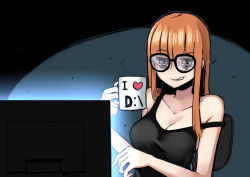 Rule 34 | 10s, 1girl, alternate breast size, bare arms, bare shoulders, black-framed eyewear, blunt bangs, breasts, chair, cleavage, clenched teeth, cup, drinking glass, glasses, half-closed eyes, heart, holding, holding cup, kion-kun, long hair, medium breasts, monitor, off shoulder, parted lips, persona, persona 5, reflection, sakura futaba, screen light, sleeveless, solo, straight hair, tank top, teeth, upper body