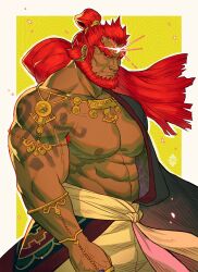 Rule 34 | 1boy, abs, armlet, armpit hair, armpit hair peek, bara, bare pectorals, beard, clothes down, colored skin, facial hair, feet out of frame, frown, ganondorf, glowing gem, gold, green skin, hadanugi dousa, highres, huge eyebrows, japanese clothes, kimono, large pectorals, long hair, looking at viewer, male focus, mature male, muscular, muscular male, nintendo, nipples, official alternate costume, old, old man, open clothes, open kimono, orange hair, pectorals, sideburns, solo, stomach, tattoo, the legend of zelda, the legend of zelda: tears of the kingdom, thick eyebrows, veins, veiny arms, wrinkled skin, xelgot