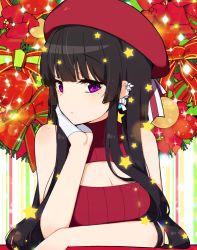 Rule 34 | 1girl, bad id, bad pixiv id, bare arms, bare shoulders, bauble, black hair, blunt bangs, blush, breasts, christmas, christmas ornaments, cleavage, cleavage cutout, closed mouth, clothing cutout, commentary request, ear piercing, earrings, glint, gloves, hand up, hat, hat ribbon, head tilt, jewelry, light particles, long hair, original, piercing, purple eyes, red hat, red ribbon, ribbon, sidelocks, small breasts, solo, star (symbol), star earrings, striped ribbon, sweater vest, tp (kido 94), upper body, white gloves